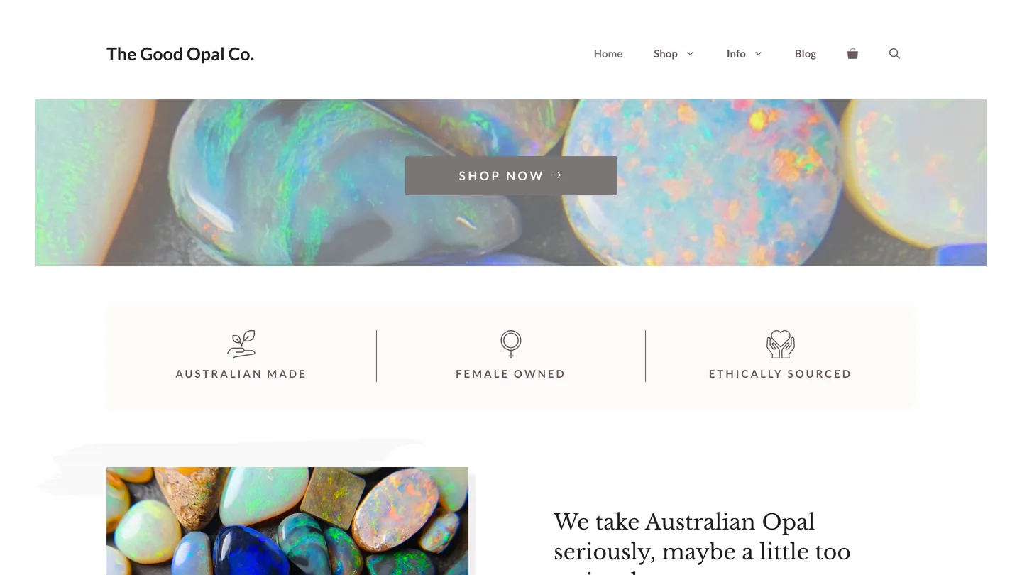Screenshot of The Good Opal Co ecommerce website showcasing handcrafted, ethically-sourced opal jewellery