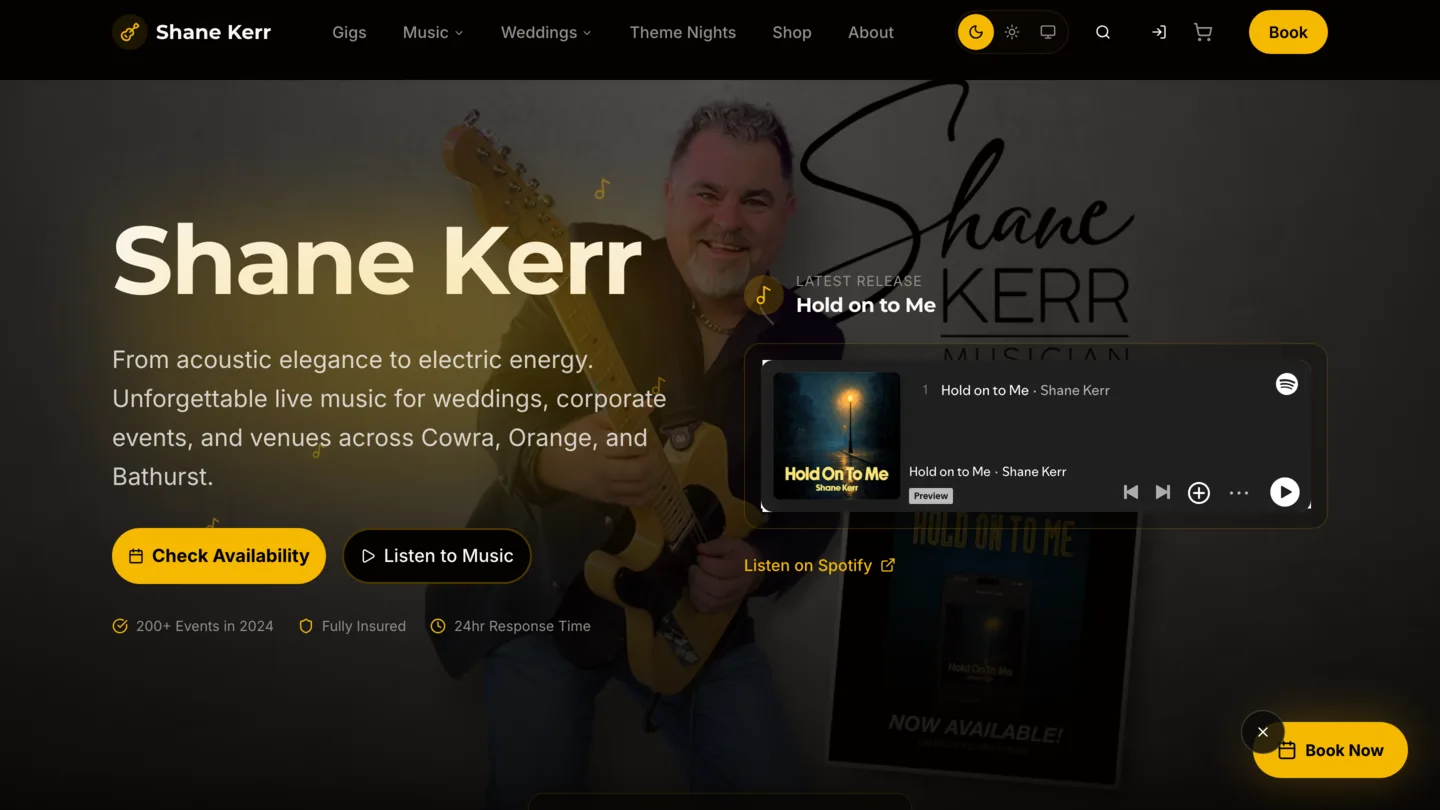 Screenshot of The Shane Kerr website homepage showing professional musician branding and booking interface